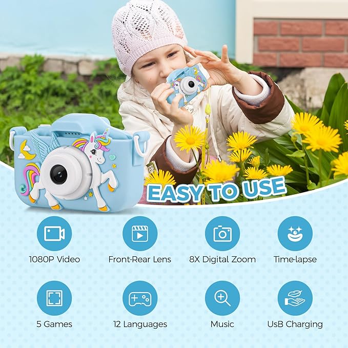 KANAD Kids Camera for 3-12 Year Old Girls, 1080P HD Digital Camera with 32GB SD Card, Shockproof & Easy-to-Use Toys for Camera, Christmas Stuffers Gifts for Kids, Encourage Creativity & Outdoor Play