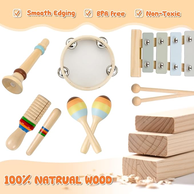 Baby Musical Instruments-Montessori Wooden Toys for Toddlers 3+ Neutral Colors Percussion Instruments Set with Modern Boho Xylophone for Kids Preschool Educational, Comes with Storage Bag