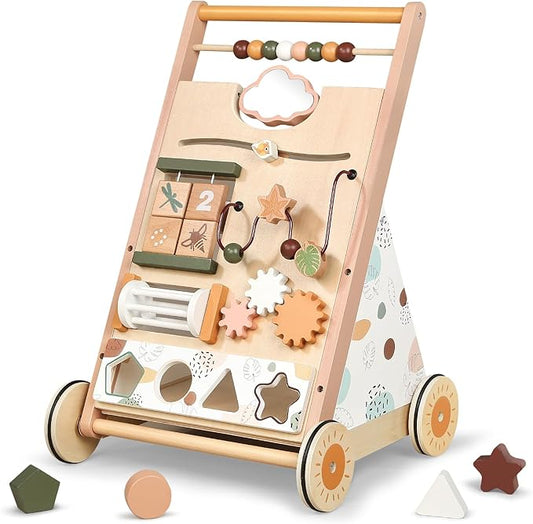 Joyreal Wooden Baby Walker Push Toys - Adjustable Speed Push Walker with Wheels and Learning Activity Center - Neutral Color Montessori Toys for Baby Boys and Girls Birthday Gifts