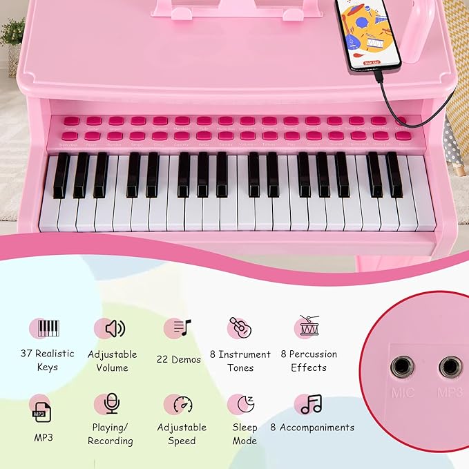 HONEY JOY Kids Piano, 37-Key Kids Keyboard Piano w/ Music Stand & Bench, Gift for Babies w/ Microphone, Portable Electronic Educational Musical Instrument, for Girls Boys (Pink)
