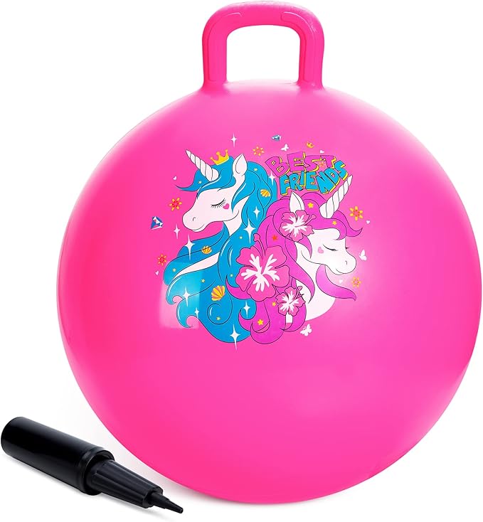 ZOOJOY Hopper Ball, Pink Bouncy Balls for Kids, 20 Inch Sit on Jumping Toys with Handle for Girls Gift Aged 6-12, Inflatable Unicorn Bounce Hopper Balls Toy with Pump