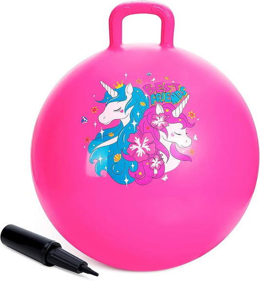 ZOOJOY Hopper Ball, Pink Bouncy Balls for Kids, 20 Inch Sit on Jumping Toys with Handle for Girls Gift Aged 6-12, Inflatable Unicorn Bounce Hopper Balls Toy with Pump