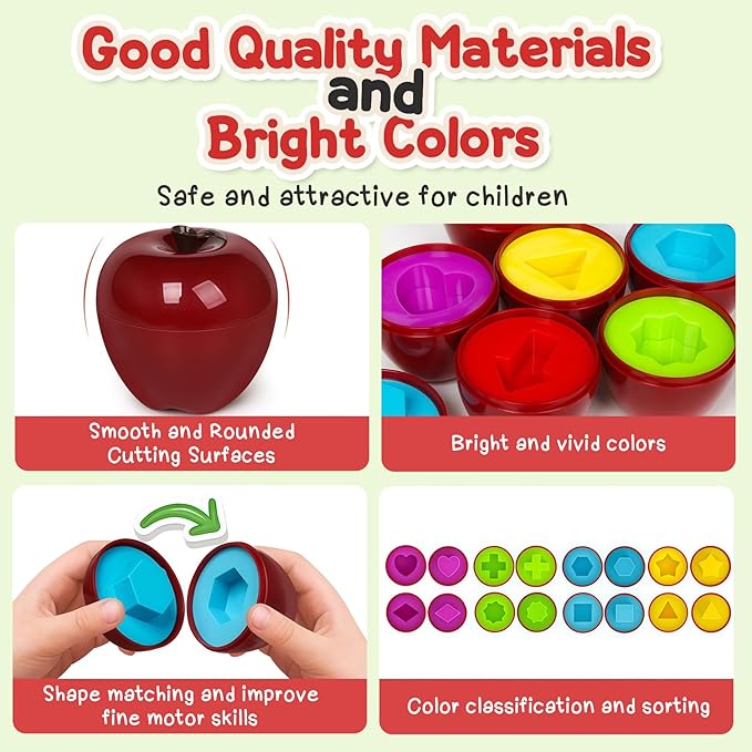Apple Toys,Montessori Geometric Shape Sorter Toys for Toddlers 3-5,Early Educational Learning Color Sorting & Matching Games,Fine Motor Toddler Activities for Preschool Classroom & Gifts