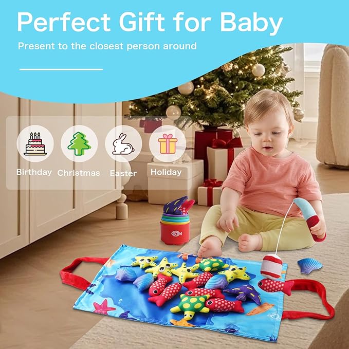 Toddler Montessori Sensory Toys for 1 Year Old - Baby Boy Girl Toys 1 Years Old Birthday Gift, Cloth Fishing Game with Stacking Cups,Number Counting and Color Sorting