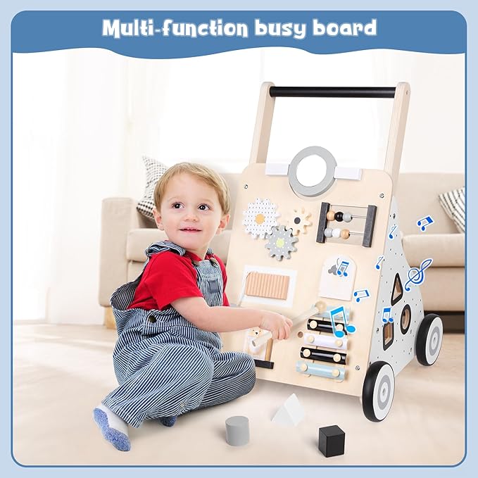 Asweets Wooden Baby Walker Push and Pull Learning Activity Walker Kids’ Activity Toy Multiple Activities Center Develops Motor Skills & Stimulates Creativity(Natural)