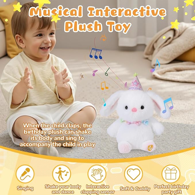 Happy Birthday Interactive Bunny, Clapping Activates Singing Dancing Shaking, Musical Birthday Stuffed Animal Recording Mimicking Toy, Cute Bunny Plush Gifts for Kids Girls Boys