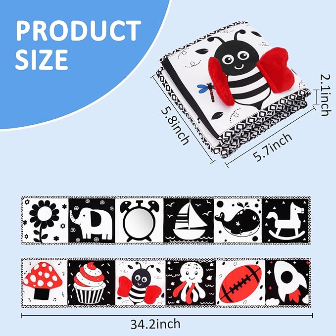 Black and White High Contrast Toys for Baby 0-3 3-6 months Infant Tummy Time Soft Book Sensory Musical Toy 0-2-4-6 month Babies Brain Development Crinkle Book Mirror Newborn Christmas Stocking Stuffer