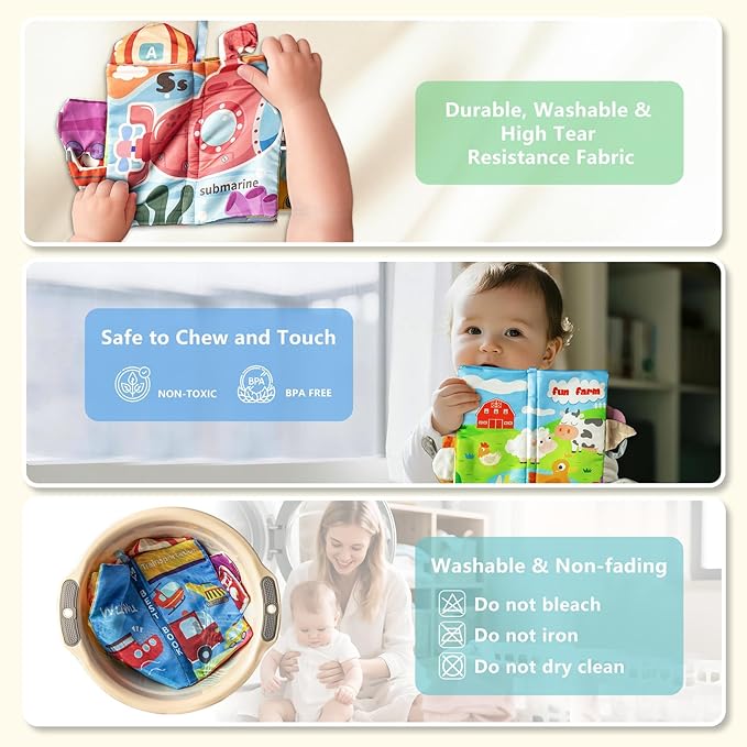 Soft Book Toys for Babies 0-18 Months, 2PCS Crinkle Cloth Books – Farm Transportation Themes, Tails Sensory Book with Rings for Hang, Montessori Early Learning Infant Toy for 0-6-12-18 Month