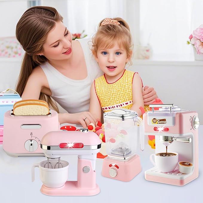 Play Kitchen Accessories, Pretend Play Kitchen Appliances Toy Set with Coffee Maker Machine, Toaster, Mixer, Blender with Realistic Lights & Sounds, Birthday Gifts for Girls Age 3-5 4-8 6-8