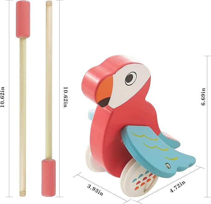 RUYU Parrot Wooden Push and Pull Walking Toy for Toddlers and Babies Girl or Boy, Classic Early Learning Wooden Balance Walking Play Toy