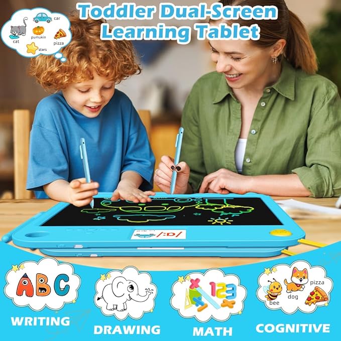 16 Inch LCD Learning Tablet Autism Toys for Kids 5-7 Dual-Screen Pad with 9 Learning Themes,Type-C Rechargeable Erasable Board Extra Stylus Lock Switch for Travel Home School