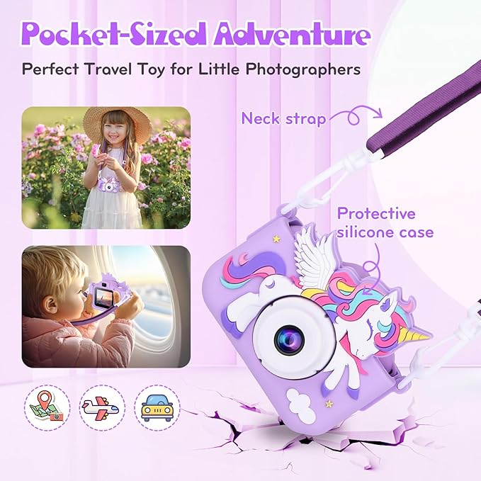 Kids Camera Unicorn Toys for Girls, Digital Camera for Kids Age 3-8 Toddler Travel Toys, Birthday Gift for Girls 3 4 5 6 7 8 Year Old Christmas, HD 1080P Video Camera, 32G SD Card Included (Purple)
