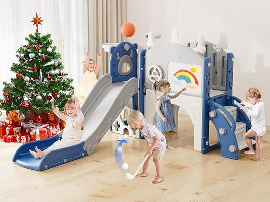 XJD Toddler Slide,12 in 1 Kids Slide for Toddlers 1-3, New Upgrade with Golf Set, Basketball Hoop, Drawing Board for Indoor Outdoor Playset,Toddler Playground (Blue White)