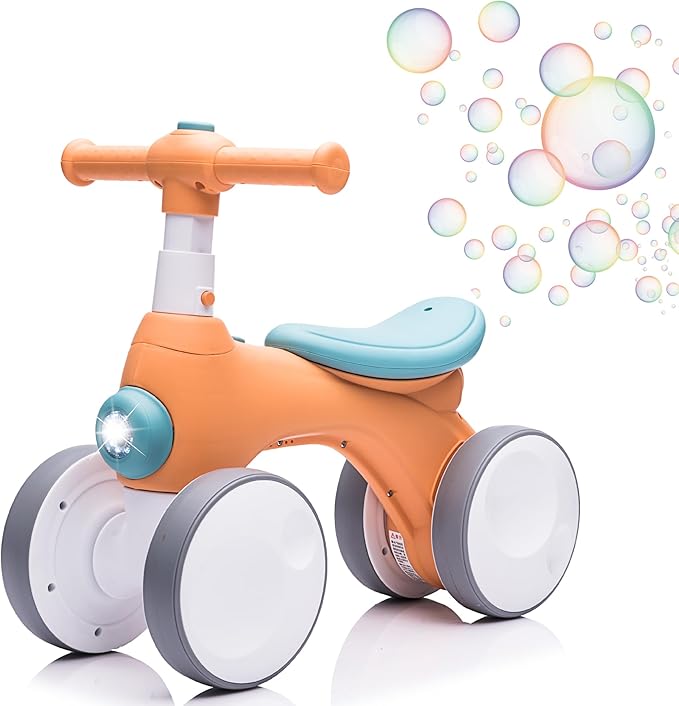Baby Balance Bike 1 Year Old with Music, Lights, Bubble Machine, 4 Wheels Pedal-Less Toddler Ride on Toys for 12-36 Months Birthday Gift, Toddler boy Toys（Orange&Green）