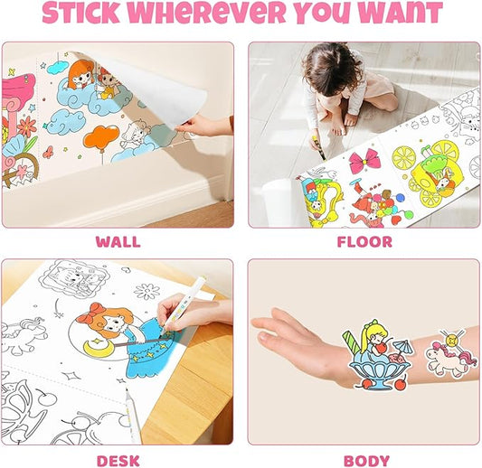 Jar Melo Princess Coloring Roll for Kids -Sticky No Mess Coloring Poster for Toddlers, 118×15.74 Inches Large Coloring Tablecloth, Drawing Paper for Kids' Easel Ideal Gifts for Home Birthday Party