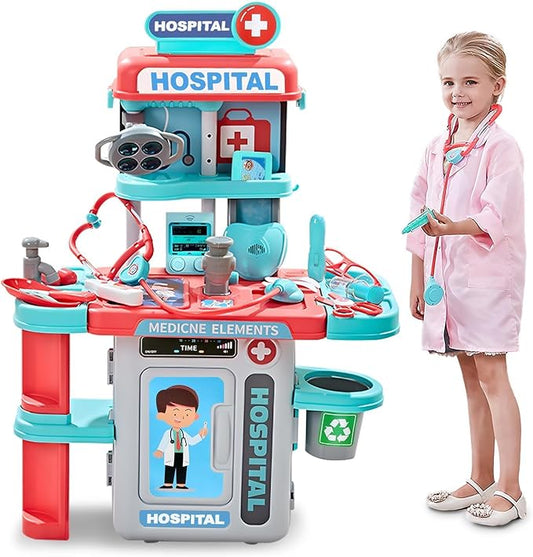 Doctor Kit for Kids 3-5, Toddler Play Set with Rolling Cart, Costume, and Stethoscope, Role Play Kids Doctors Set Educational Birthday Gift for Girls(Pink)