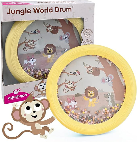Edushape Jungle World Drum for Baby - Set of 1 Baby Drum Toy for Toddlers 1-3 - Small Drums Musical Toy for Babies 1 Year Old and Up, Soothing Sounds, Fun Tummy Time and Sensory Development