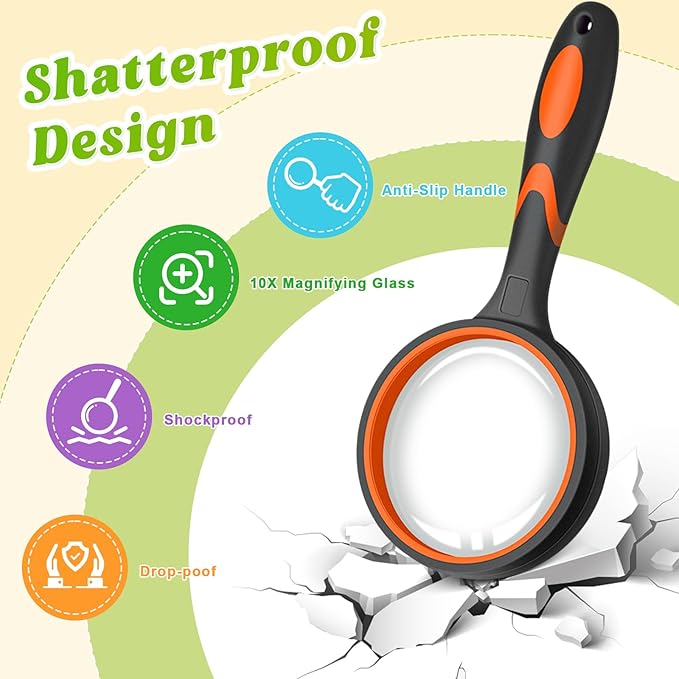 Leffis 12 Pack Magnifying Glass, 50mm 10X Multicolour Magnifying Glasses Lens Reading Magnifier for Kids and Seniors, Non-Slip Handheld Magnifying Glass for Close Work, Nature Exploration