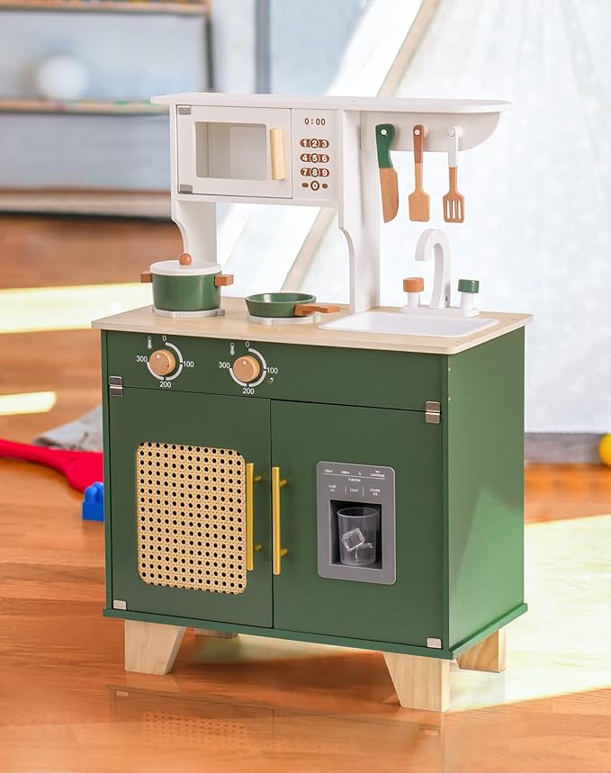ROBOTIME Play Kitchen with Pretend Ice Cube Dispenser for Toddler, Wooden Kids Kitchen Play Set, Toy Kitchen Set for Kids Age 3 4 5 6 7 (Vintage Green)