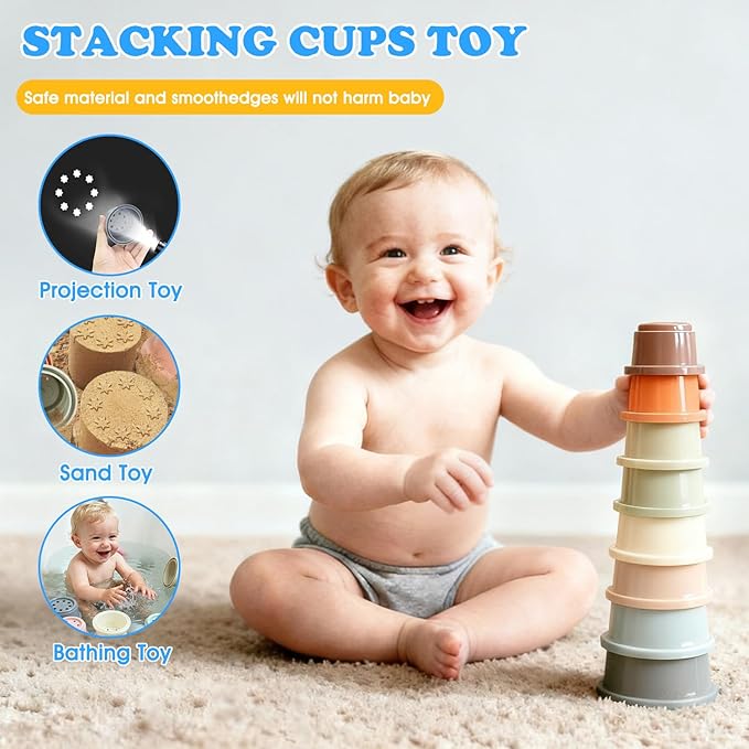 6 in 1 baby montessori toys for 6 12 month old-incl Busy Cube,stacking cups,Shape Sorting Bin,baby blocks,crinkle books, suction cups spinners,Sorting Learning Sensory Toys Gift for Babies Aged 1-3
