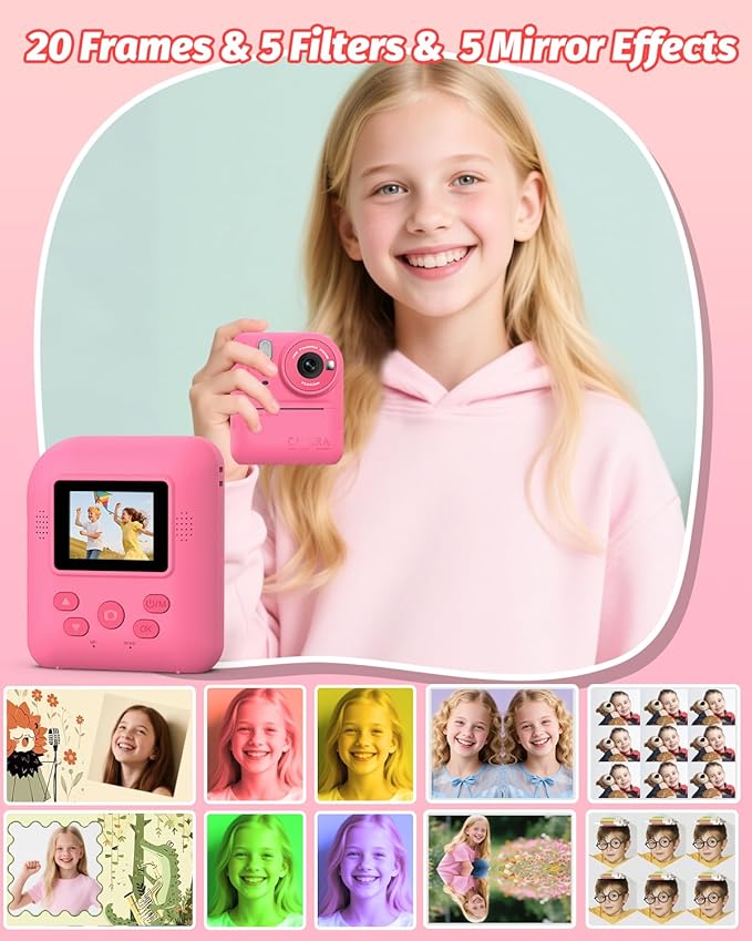 Kids Camera Instant Print Photo, Portable Thermal Printing Camera Toy with HD Digital Video, for 3-12 Years Old Boys Girls, Creativity & Learning (Rose Red)