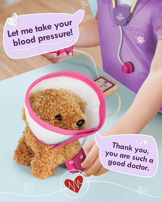 Lehoo Castle Toys for 3 4 Years Old Girls, Vet Play Sets, Wooden Doctor Kit for Toddlers 3-5 Pink, Pretend Play Dr Kits with Puppy, Dog Bag, Medical Accessories
