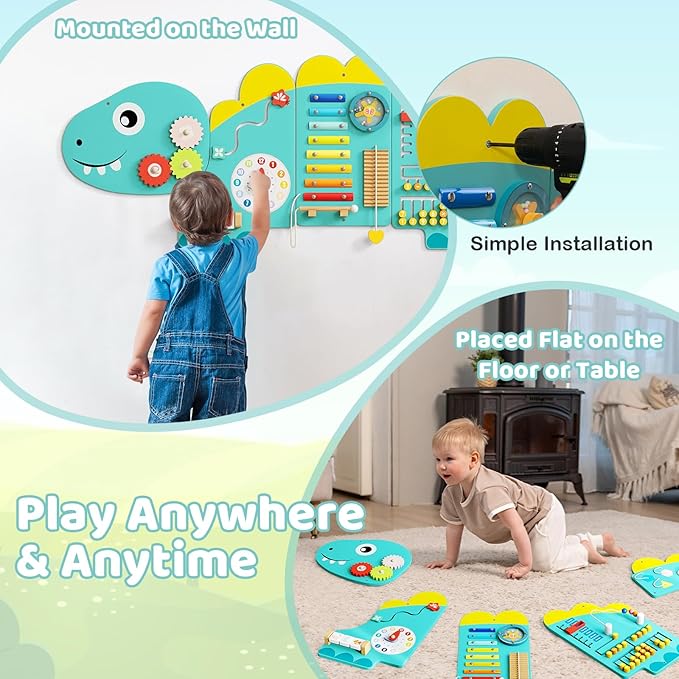 GLACER Dinosaur Wall Busy Board Panels, 11-in-1 Wooden Learning Activity Center for Early Education, Wall-Mounted Montessori Sensory Toddler Toys for Playroom, Daycare, Nursery (Green)