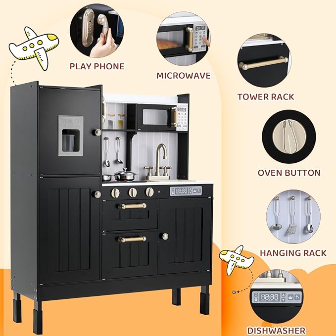 Wooden Play Kitchen for Kids, Toddler Vintage Kitchen Toy Set w/Pretend Phone, Ice Maker, Towel Rack, Height Adjustable Realistic Playset Chef w/Light & Sound (Black)