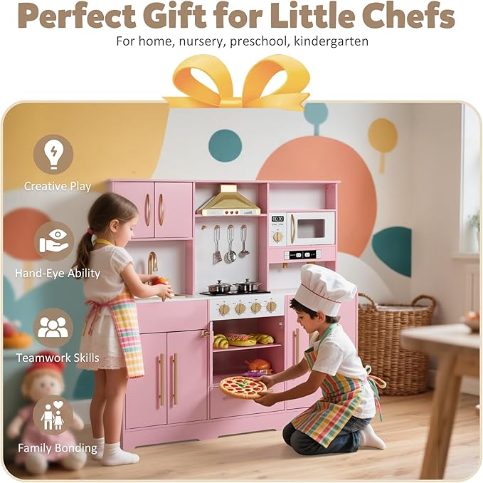 Kids Kitchen Playset, Wooden Play Kitchen with Toy Storage System, Pretend Play Kitchen Set Toy with Range Hood, Ice Maker & Coffee Maker, for Kids Ages 3+, Pink