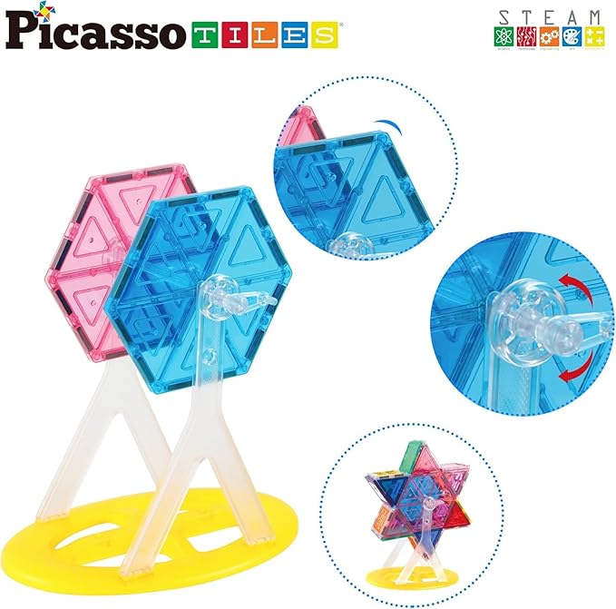 PicassoTiles Magnet Tile Building Blocks Ferris Wheel Amusement Rotating Accessory Kit Compatible with Full Sized Magnetic Tiles Construction Toy Set Education STEM Learning 3D Toddler Kid Age 3+ PT09