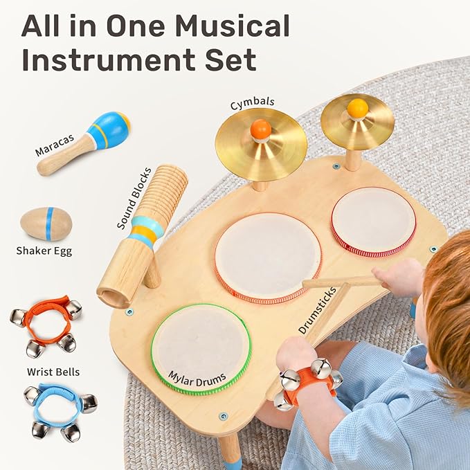 WINGYZ 11-in-1 Kids Drum Set – Montessori Baby Musical Toys & Wooden Musical Instruments for Toddlers 1-3, Music Table with Bongo Drums, Cymbals, Maracas & Wrist Bells for Early Rhythm Play