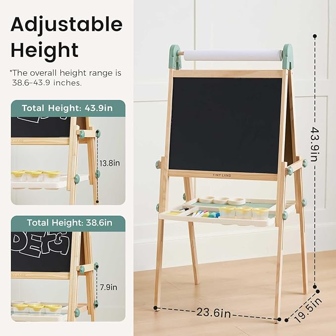 Tiny Land Easel for Kids, Double-Sided Magnetic Easel with Drawing Accessories, Adjustable Wooden Kids Art Easel with Paper Roll, Learning-Toy for 3,4,5,6,7,8 Years Old Boy & Girls Green