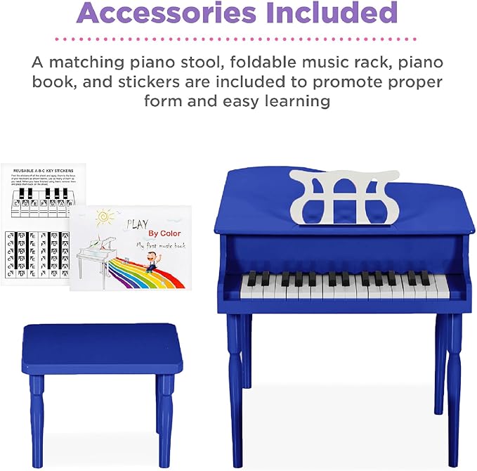 Best Choice Products Kids Classic Wooden 30-Key Mini Grand Piano Musical Instrument w/Piano Lid, Bench, Foldable Music Rack, Song Book, Note Stickers, Enamel Finish - Dark Blue