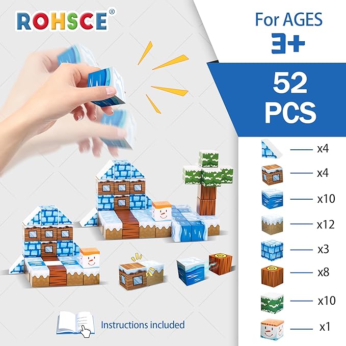 Magnetic Blocks 52PCS - Winter Scene Construction Cubes, STEM Preschool kit, Safe ABS no-Odor, CPC ASTM Certified, Travel-Ready for Ages 3–12, Perfect for Birthday