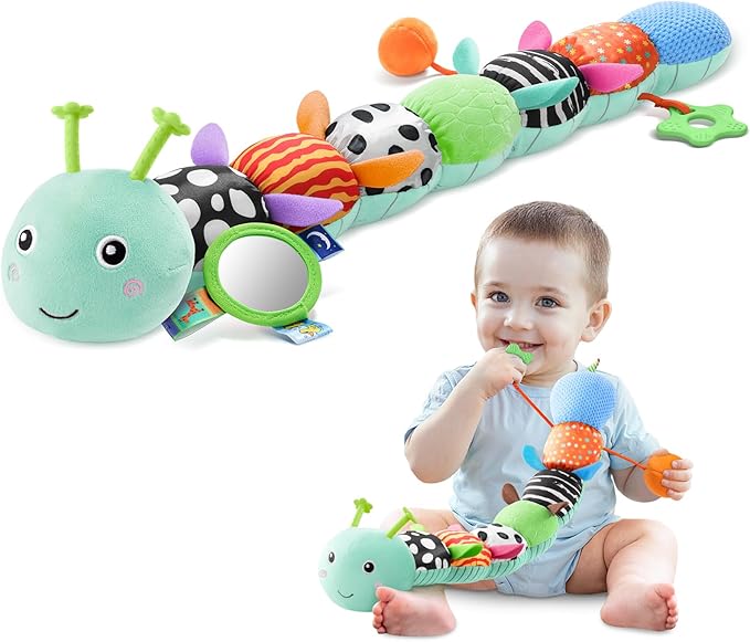 Baby Toys 0-6-12 Months,Musical Caterpillar Stuffed Animals Activity Infant Toys with Crinkle,Rattles,Mirror&Pull String,Muti-Sensory Toys Gifts for Newborn Tummy Time,Mint Blue|Leafy