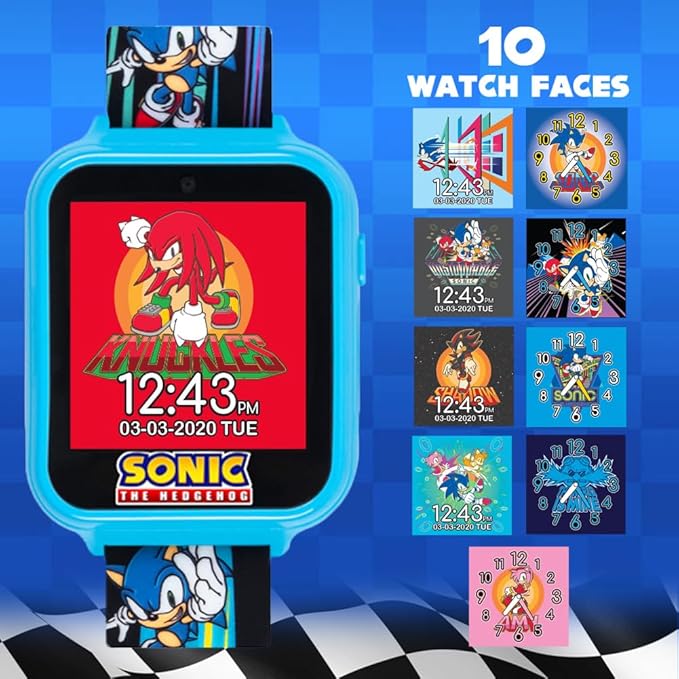 Sonic the Hedgehog Kids Smart Watch - Interactive Touchscreen with Games, Selfie Camera, Step Tracker, Alarm, and Printed Silicone Strap - Fits Wrists 5.5" to 8.0"