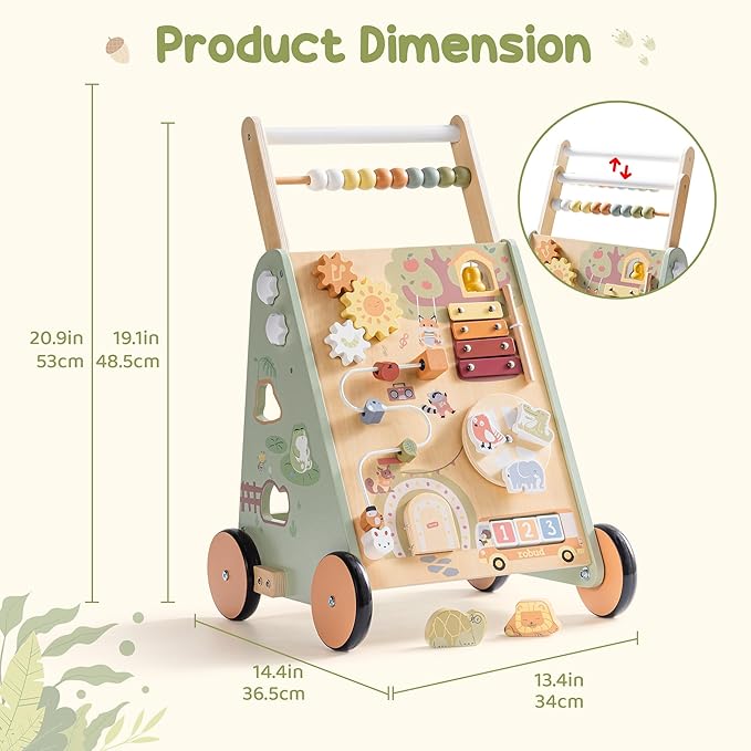 ROBUD Wooden Baby Push Walker, Forest Theme Learning Walking Toys, Adjustable Height Baby Walker with Decelerator, Montessori Toys for Baby Age 10 Months+, WRP37