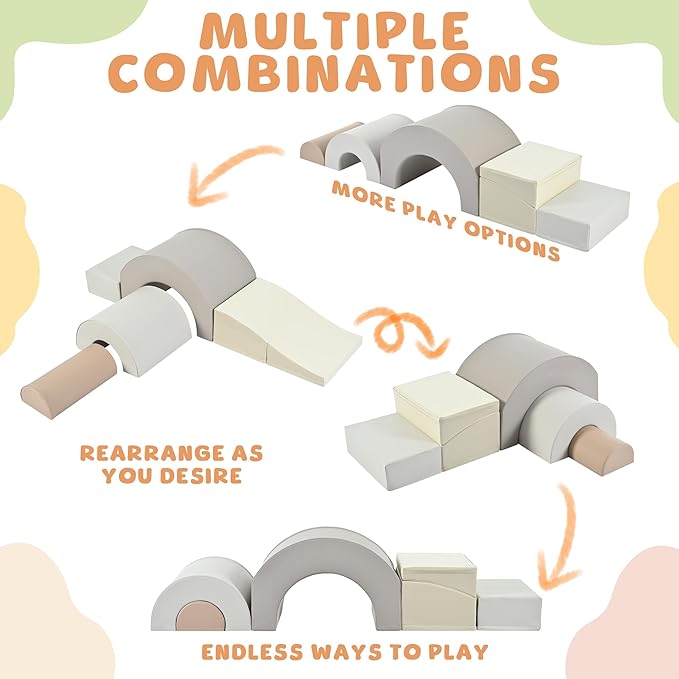 Merax Rainbow Soft Play Set, Soft Climbing Toys for Toddlers with Foldable Slide, Indoor Baby Soft Foam Blocks for Climbing and Crawling, 5-Piece, Cappuccino