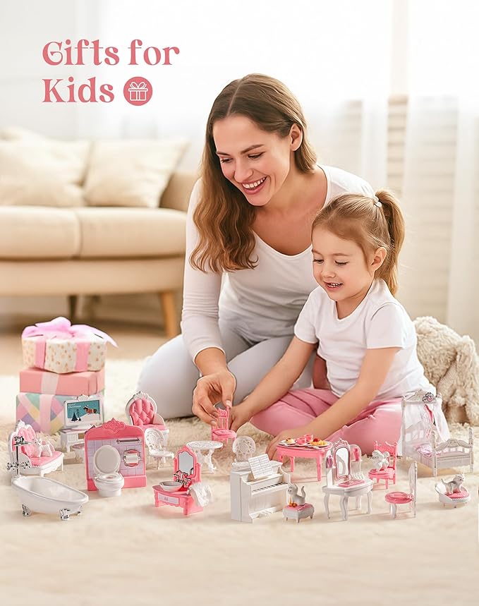 ROBUD Dollhouse Furniture, Pink Doll House Accessories and Furniture for Dining Room, Bathroom, Bedroomn,Living Room, Dollhouse Accessories Pretend Play Furniture Toys for Kids, WDHXX