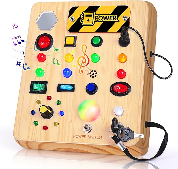 Busy Board with LED Light, Wooden Sensory Toys for Toddler, Montessori Music Toy for Airplane, Travel Activity Educational Learning Autism Toys, Birthday Boys Girls Gifts