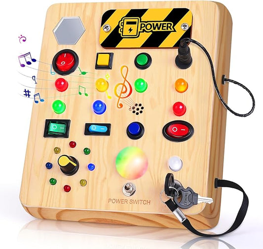 Busy Board with LED Light, Wooden Sensory Toys for Toddler, Montessori Music Toy for Airplane, Travel Activity Educational Learning Autism Toys, Birthday Boys Girls Gifts