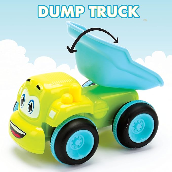 Toys for 3 Year Old Boys – 4 Friction Powered Trucks with Playmat & 16 Accessories – Push & Go Cartoon Construction Vehicle Set for Toddlers