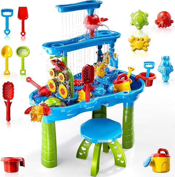 3-Tier Kids Water Table for Toddlers Kids Ages 3-5 4-8, Summer Outdoor Water Table Beach Kids Toys, Toddler Sensory Activity Sand Box Play Set with Rain Showers Splash Pond for Boys Girls