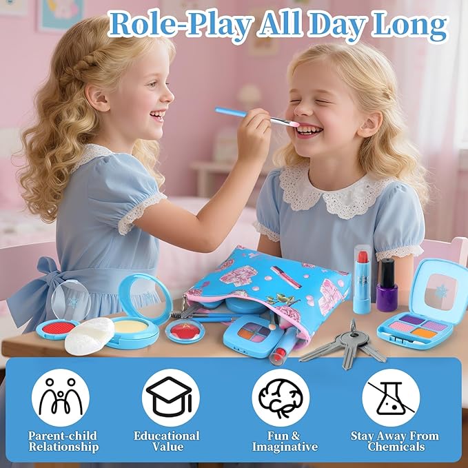 Pretend Makeup Kit for Kids 3-5, Blue or Beige Fake Makeup Set for Toddlers Girls, Play Makeup Gifts for Little Girls Age 3 4 5 6 7 Year Old, Make Up Toys Birthday (Random Style)