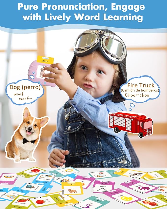 510 Words Toddler Spanish English Talking Flash Cards for 1 2 3 4 5 6 Years Old Boys and Girls, Autism Sensory Therapy Toys for Kids, Leaning Educational Montessori Pocket Speech Christmas Toys 1-3