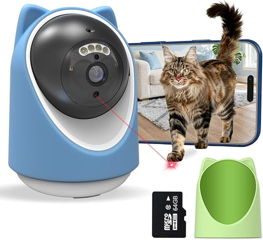 Pet Camera, 2K HD Indoor Dog and Cat Camera with Auto-Tracking & Laser Toy, Home Security Camera with Motion Detection, 2-Way Audio, Night Vision, No Subscription Required（64GB SD Card）