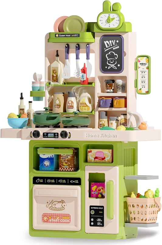 Kids Kitchen Playset Set, 63PCS Pretend Play Kitchen Toys for Toddlers, Cooking Stove with Steam Sound Light, Play Sink with Manual Faucet, Play Food Accessories Gift for Boys, 33’’H Green