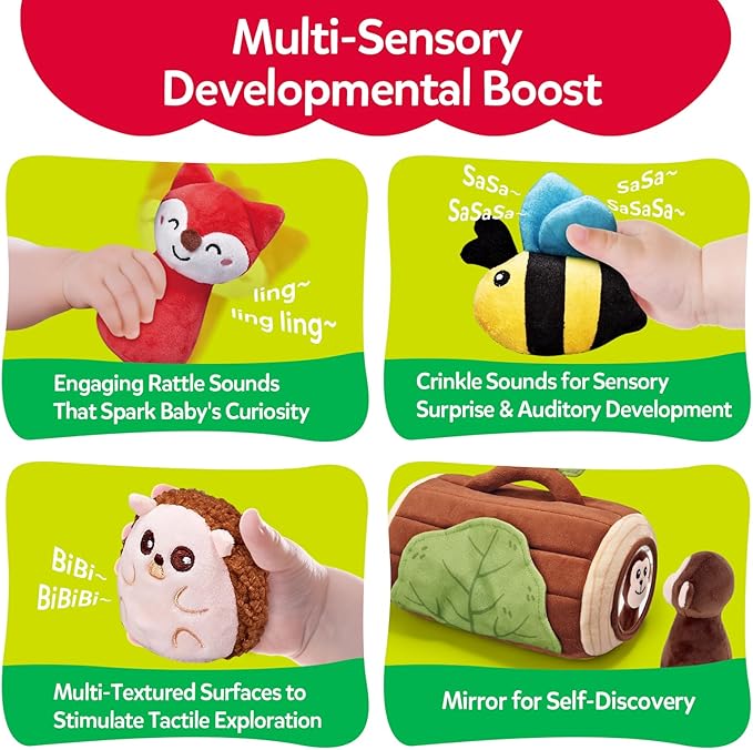 Baby Toys 6-12 Months - Jungle Soft Plush Stuffed Animal Set with Rattle, Squeaker & Mirror - Montessori Sensory Toys for Babies Ball 6 7 8 9 Months, Baby Christmas Birthday Boy Girl Gifts