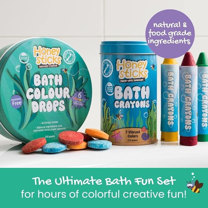 Honeysticks Ultimate Bath Fun Set - Non Toxic Bath Crayons (7 Pack) and Bath Color Tablets (36 Drops) for Hours of Creative Bathtub Fun - Natural and Food Grade Ingredients - Great Gift Set for Kids