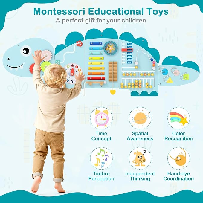 HONEY JOY Dinosaur Activity Wall Busy Board Panels, 11-in-1 Wooden Sensory Wall Panel for Kids, Toddler Learning Activity Center, Ideal for Playroom Daycare Nursery Classroom Dentist Office (Blue)